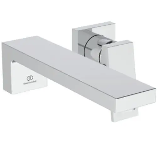 Chromfarbenes Wand-Waschbeckenarmatur von Ideal Standard mit flachem Wasserhahn und seitlichem Bedienelement.